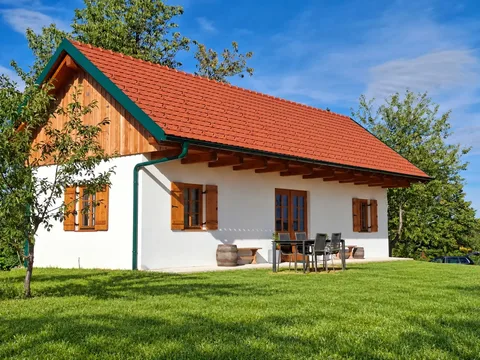 Seitenansicht des Ferienhauses mit rotem Ziegeldach, Terrasse und Wiese